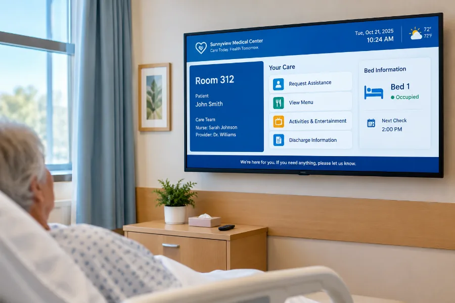 Smart TV room bed board in a patient room showing room number, patient name, care team, bed status and next check time