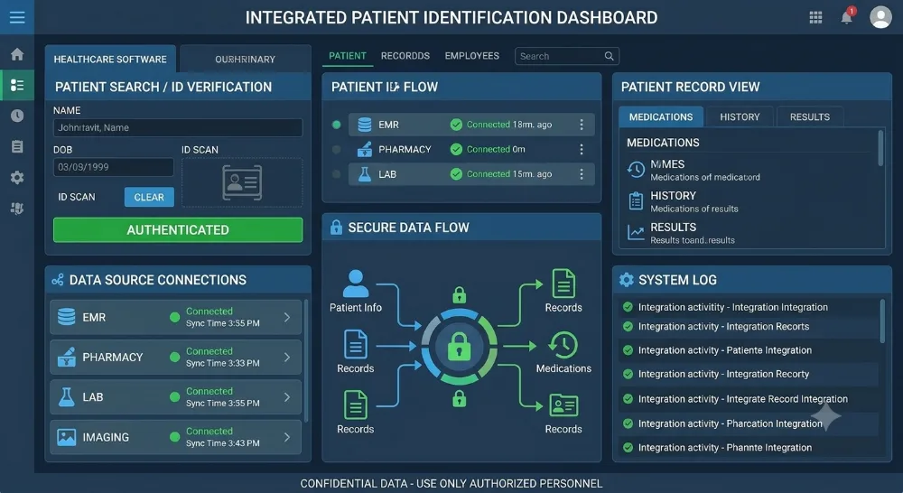 Integrated patient identification dashboard showing ID verification and connected EMR, pharmacy, lab and imaging systems with secure data flow