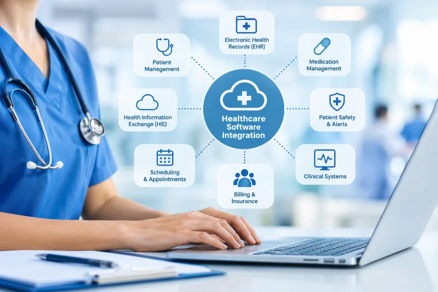 Healthcare software integration diagram showing a central hub linked to electronic health records, medication management, patient safety and alerts, clinical systems, health information exchange, scheduling and billing